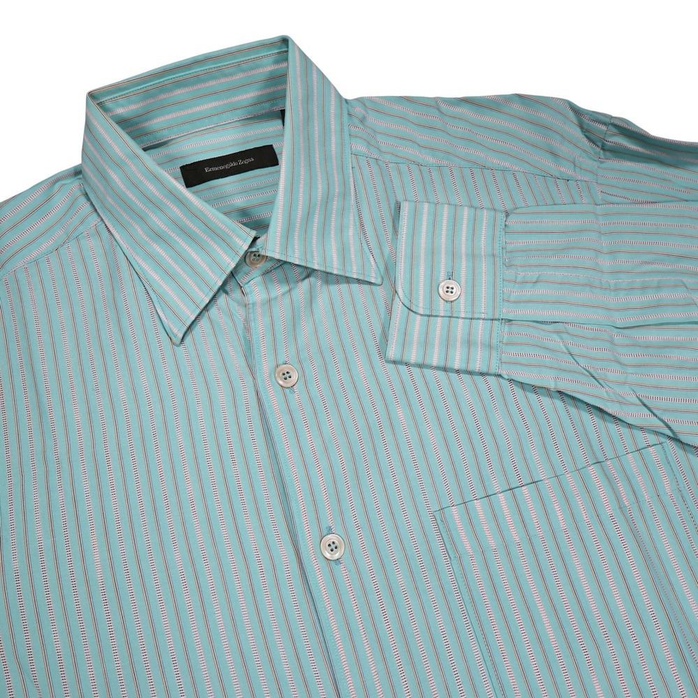 ERMENEGILDO ZEGNA Mens M Seafoam Green Stripe Cotton Long Sleeve Button Up Shirt